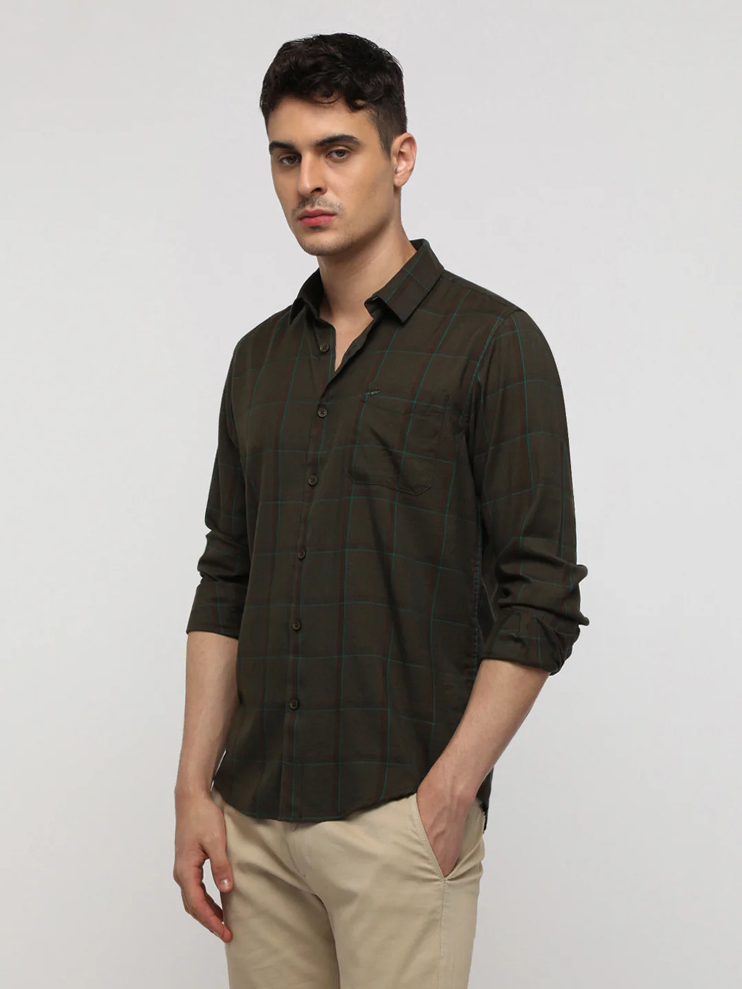 Green Windowpane Soft Finish Checks Shirt