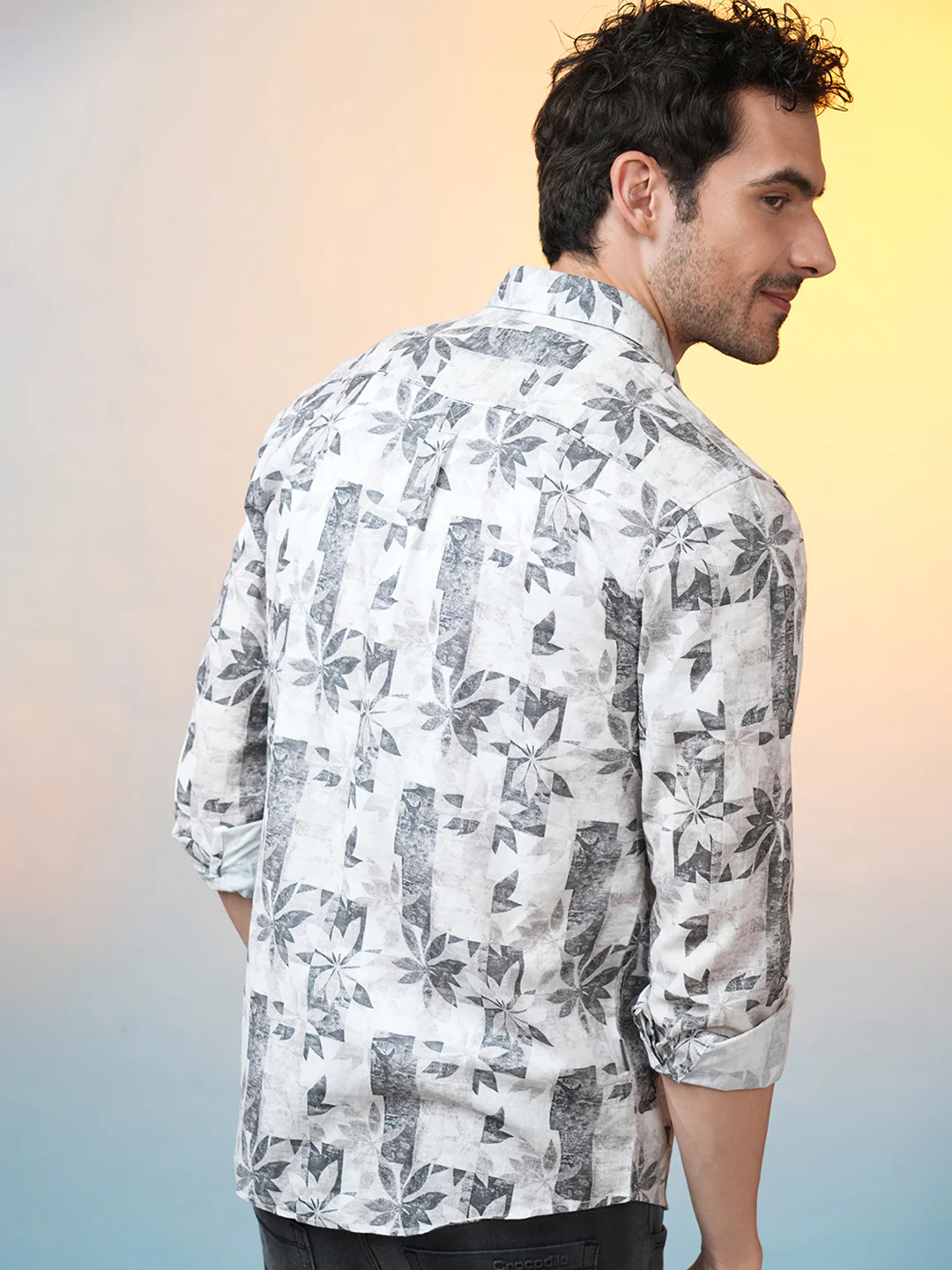 Linen Blend Abstract Leaf Print Shirt Grey