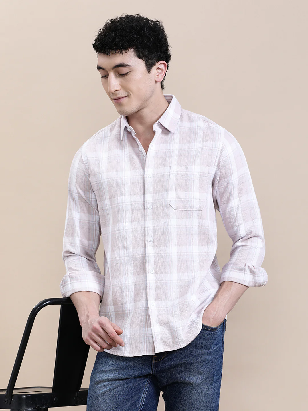 Textured Pink Checkered Comfort Fit Shirt
