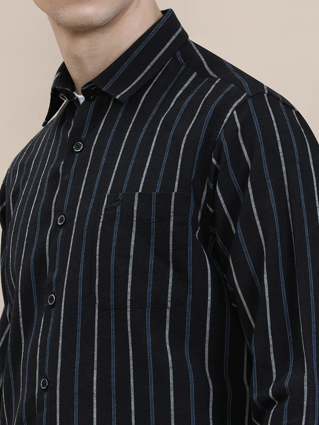 Linen Blend Striped Full Sleeve Shirt Black