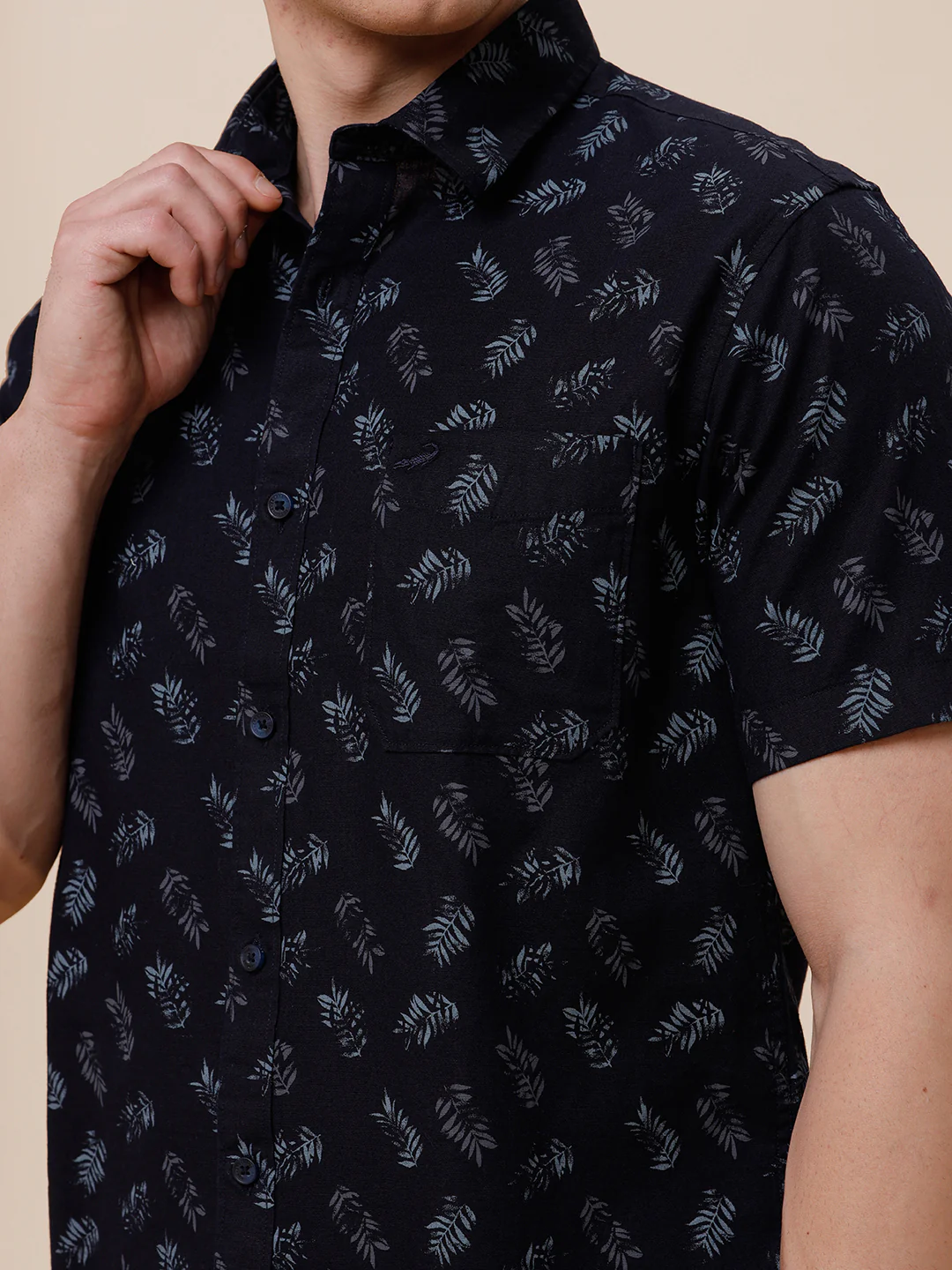 Cotton Linen Textured Printed Navy Shirt