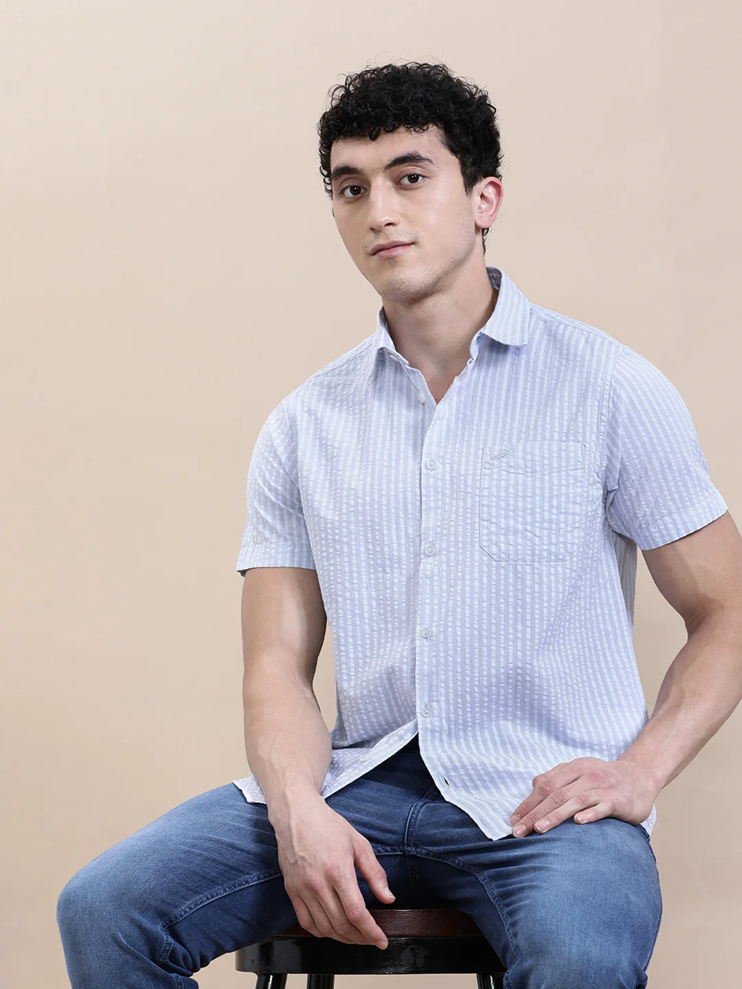 Cotton Seersucker Striped Half Sleeve Shirt Grey