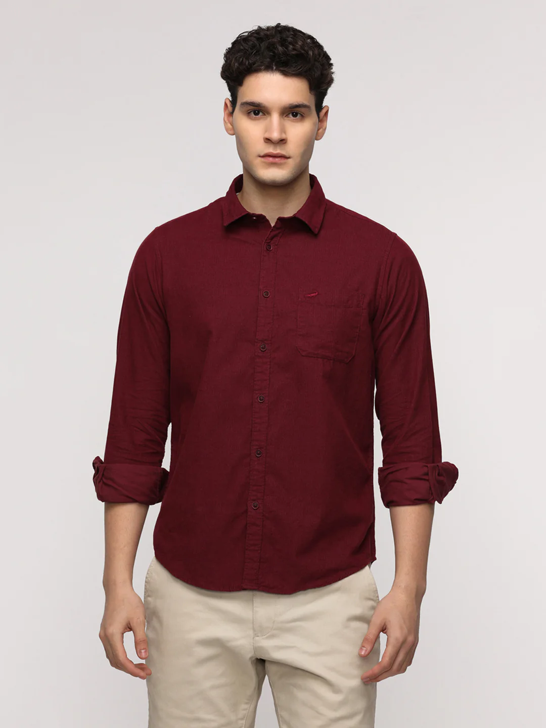 Full Sleeve Sport Red Shirt in Corduroy for Bold Style