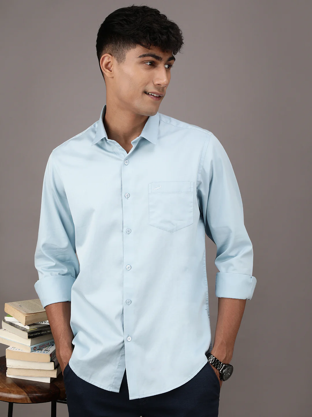 Pale Blue Solid Full Sleeve 100% Cotton Shirt