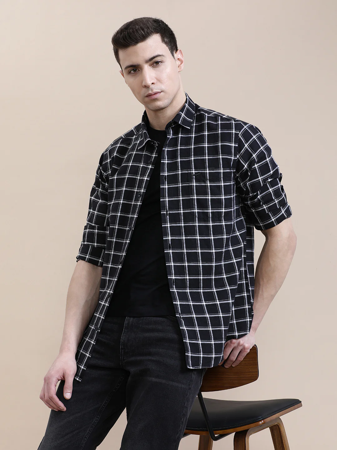 Linen Blend Checked Full Sleeve Black Shirt