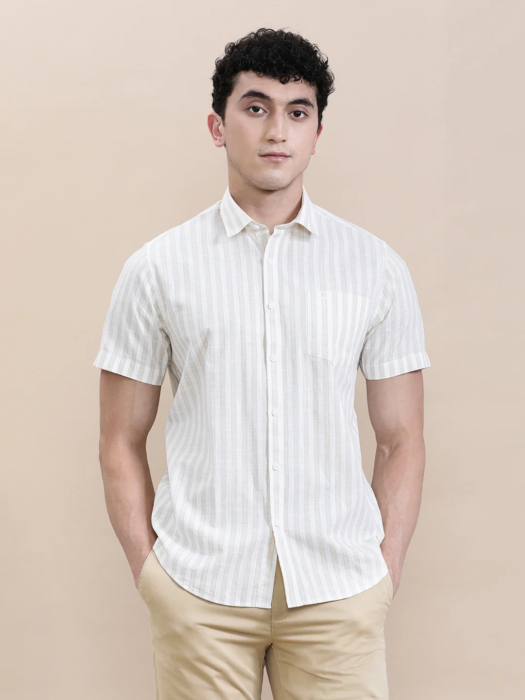 Stripe Textured Comfort Fit Beige Shirt