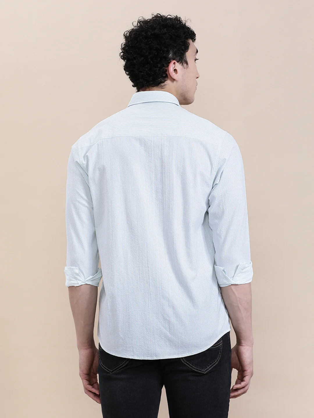 Crinkle Textured Pin Stripe Green Shirt