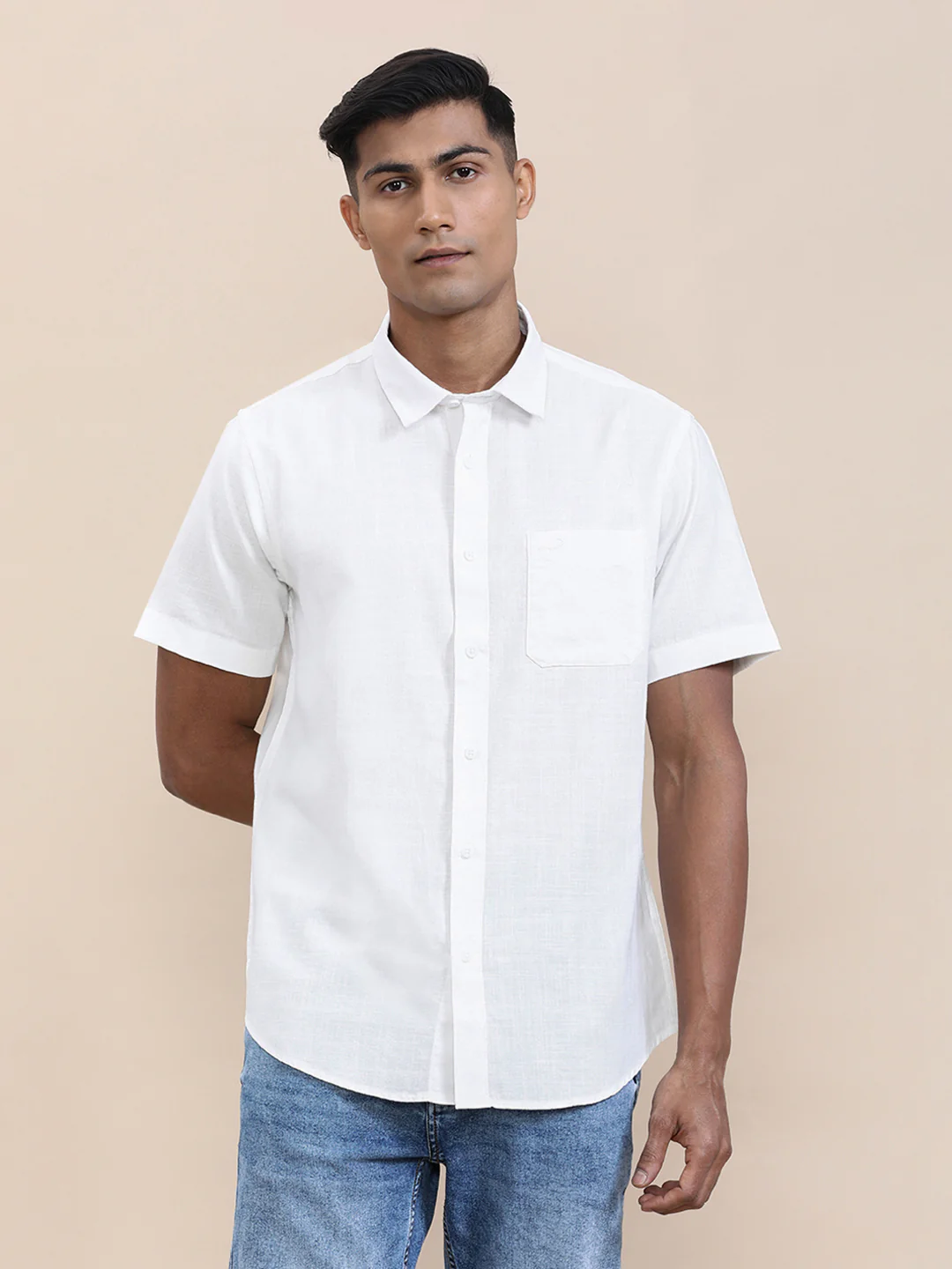 White Textured Cotton Half Sleeve Shirt
