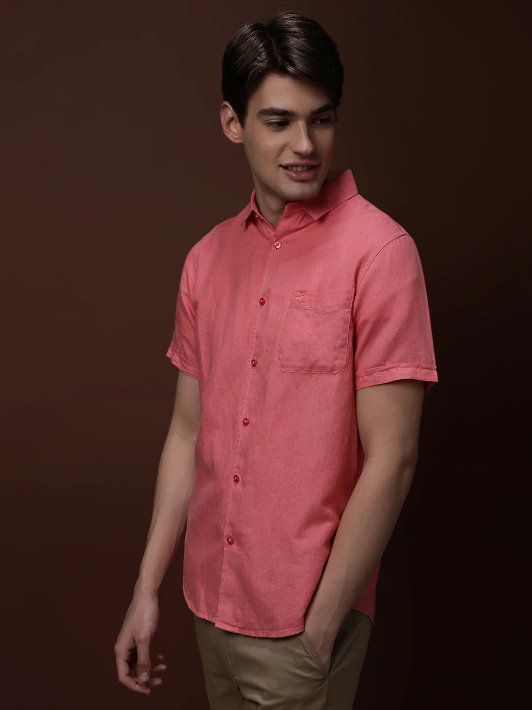 Mineral Red Solid Half Sleeve Linen Shirt