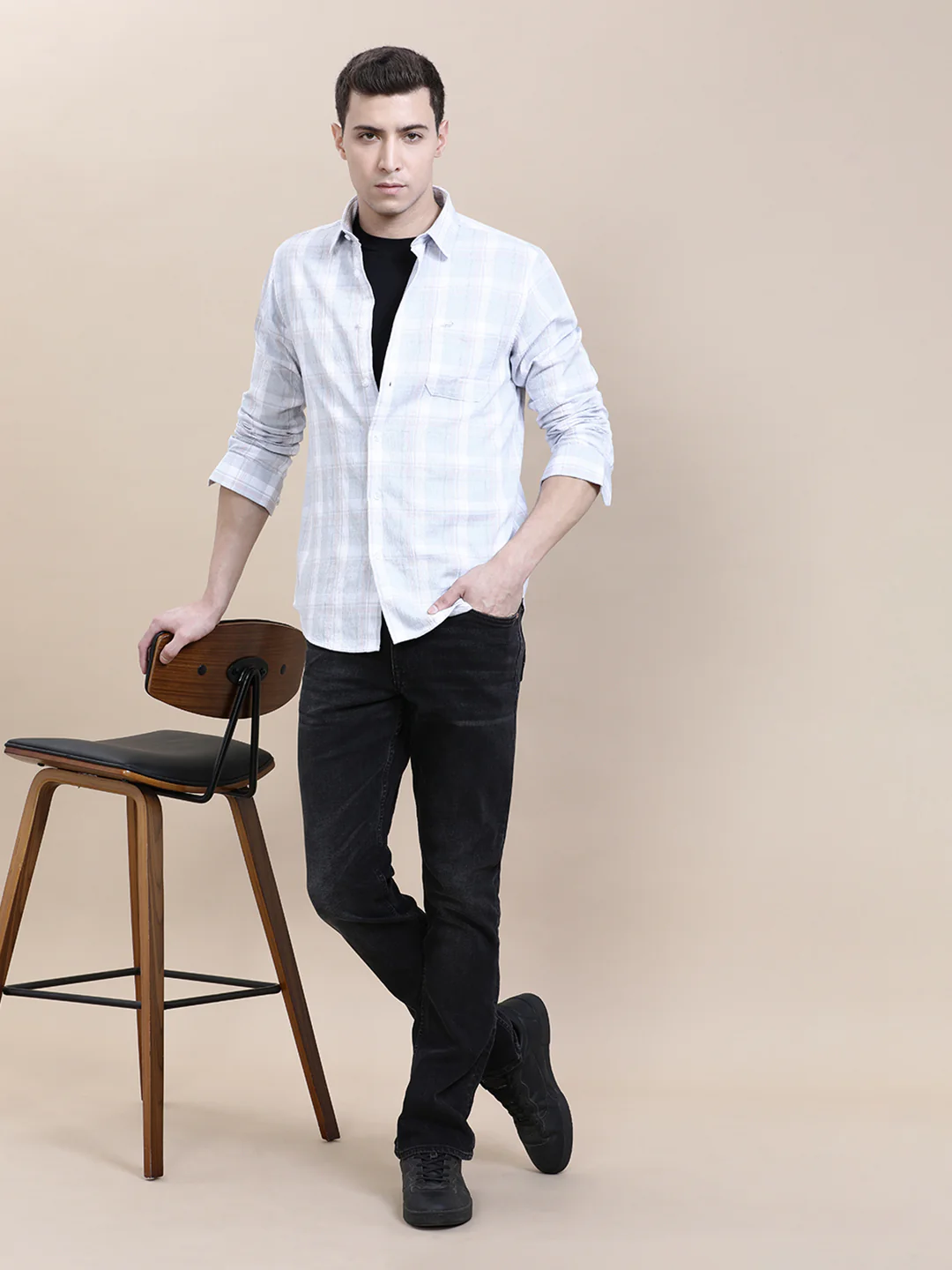 Textured Blue Checkered Comfort Fit Shirt