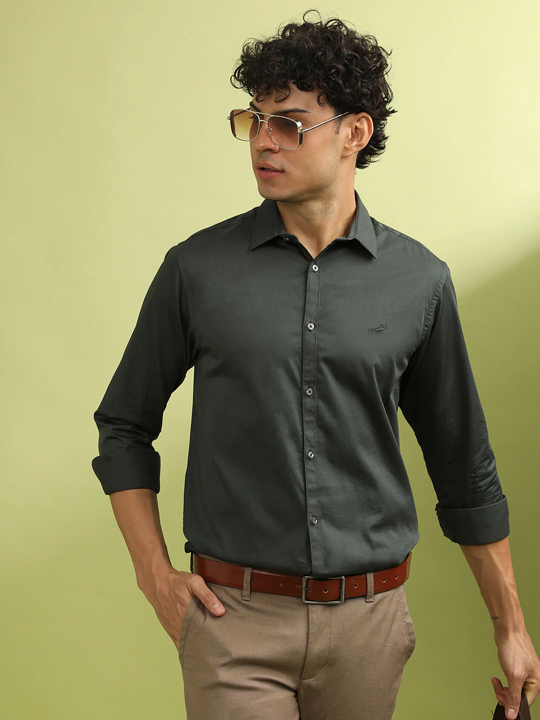 Olive Green Solid Full Sleeve 100% Cotton Shirt