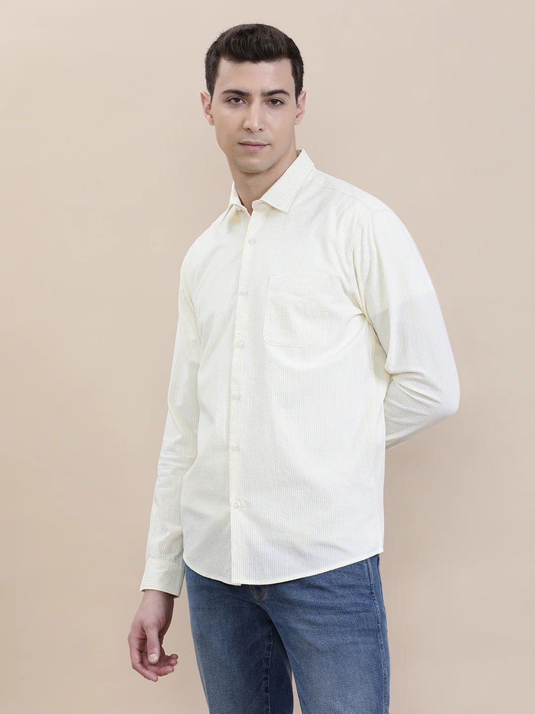 Crinkle Textured Pin Stripe Yellow Shirt