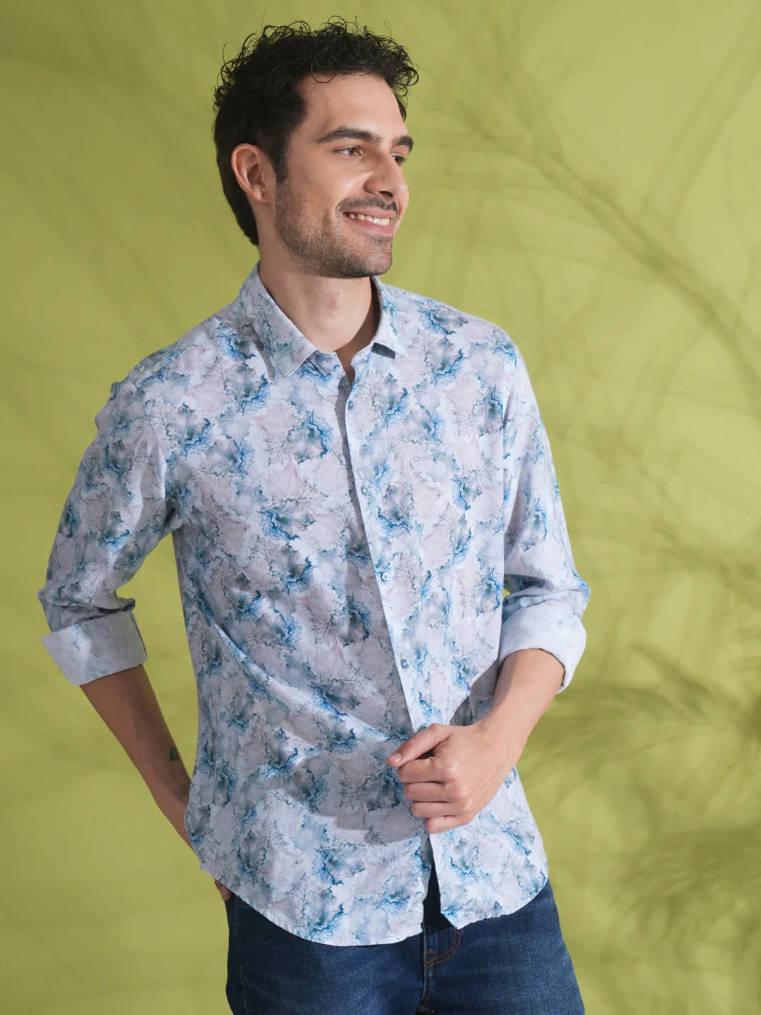 Linen Blend Abstract Dry Leaf Print Shirt Grey