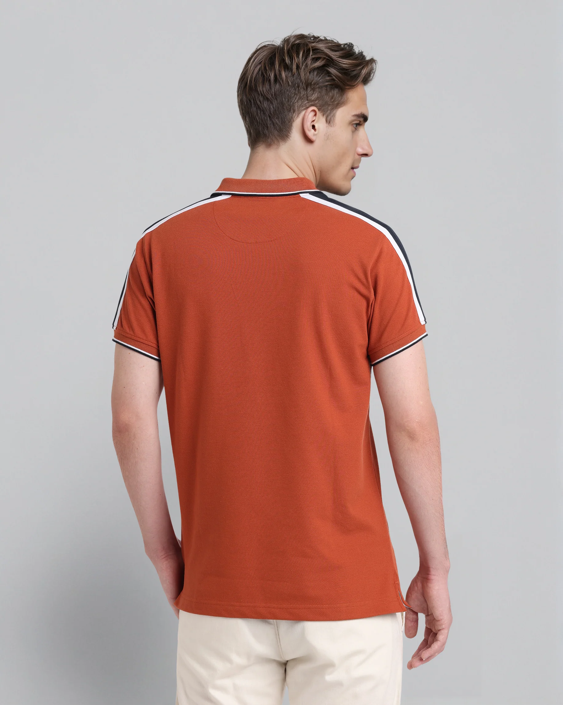 Trendy Stretch Zipper Polo with Tape in Brown