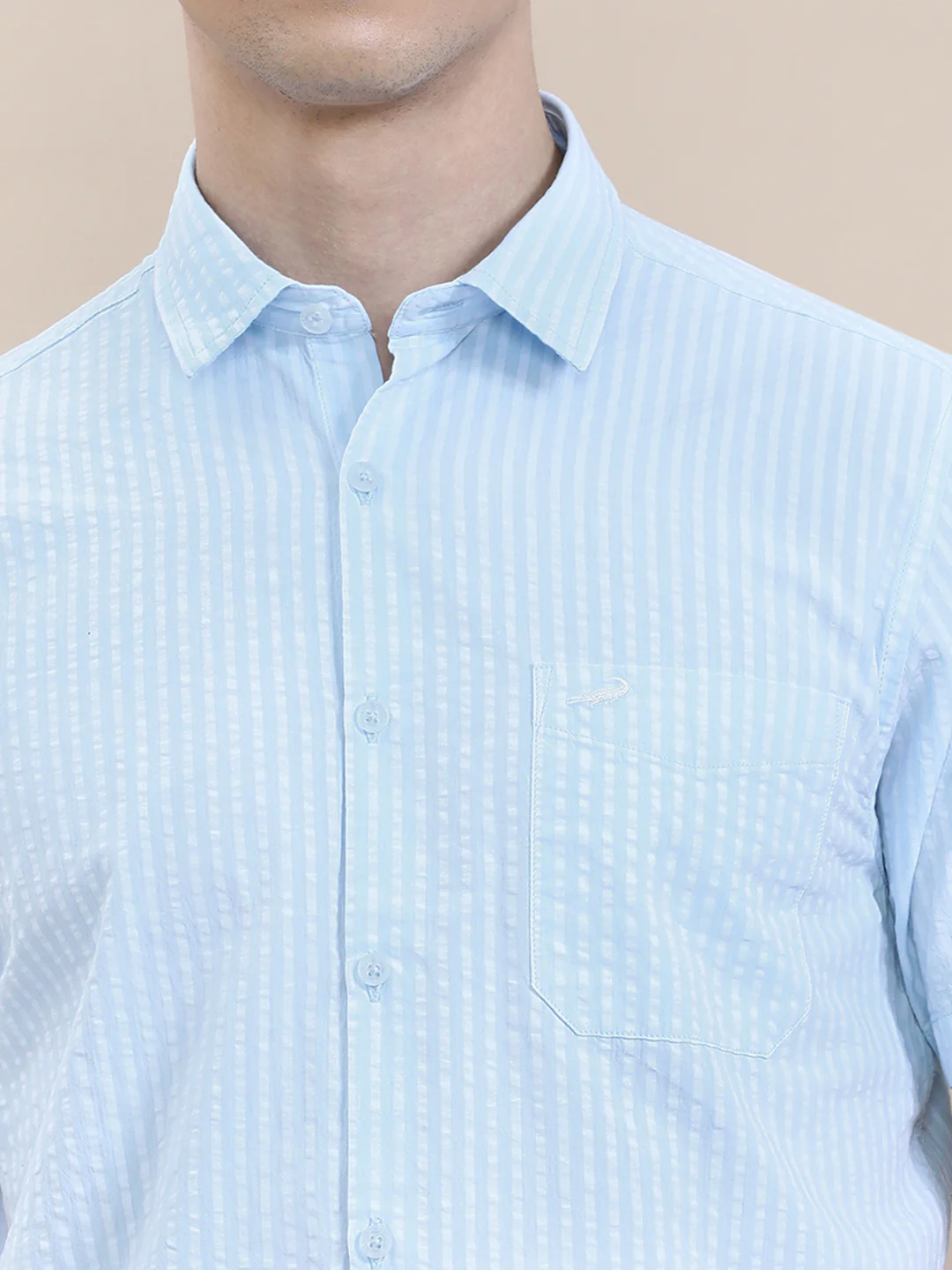 Cotton Seersucker Blue Striped Half Sleeve Shirt