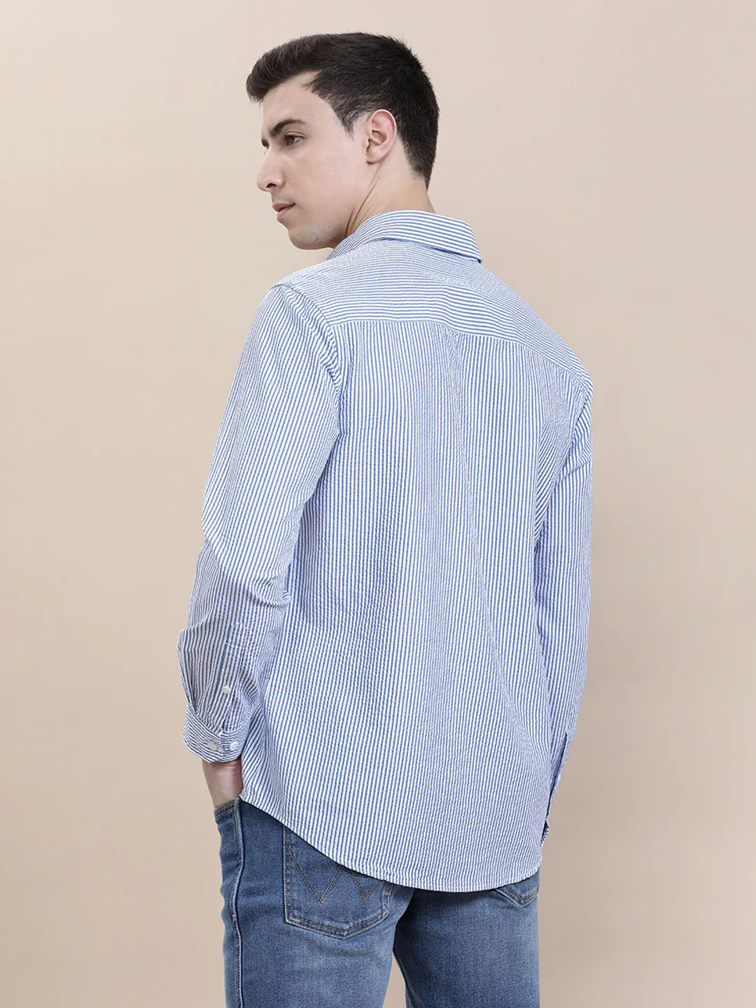 Cotton Seersucker Striped Full Sleeve Shirt Blue