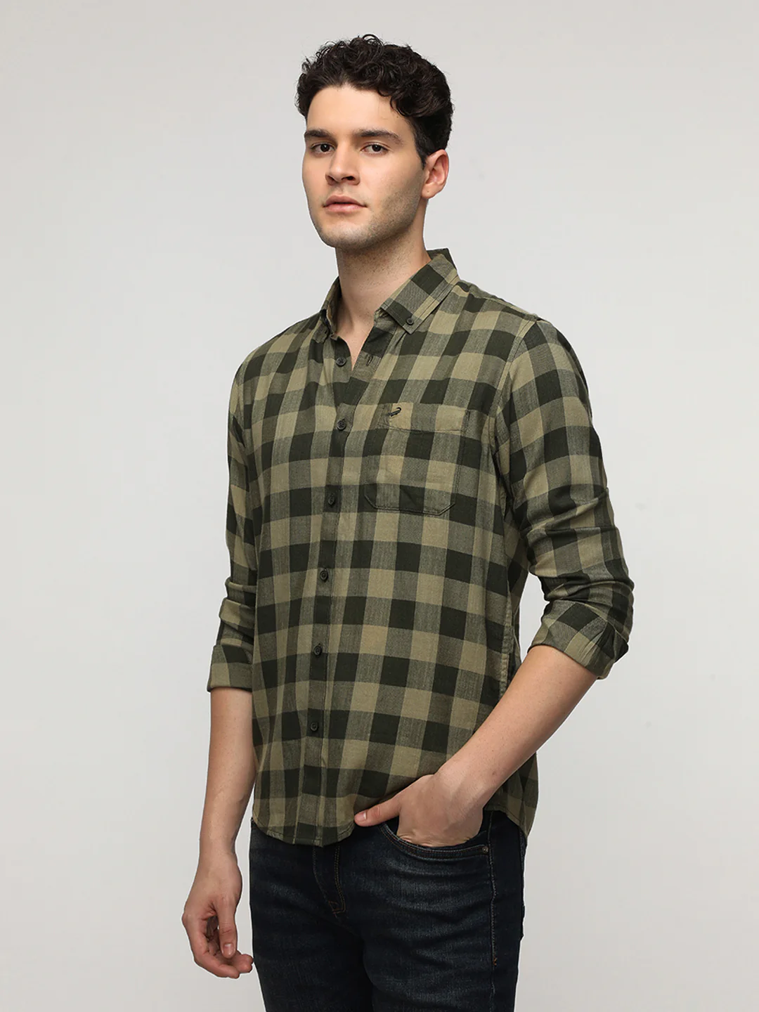 Green Viscose Blend Checks Shirt