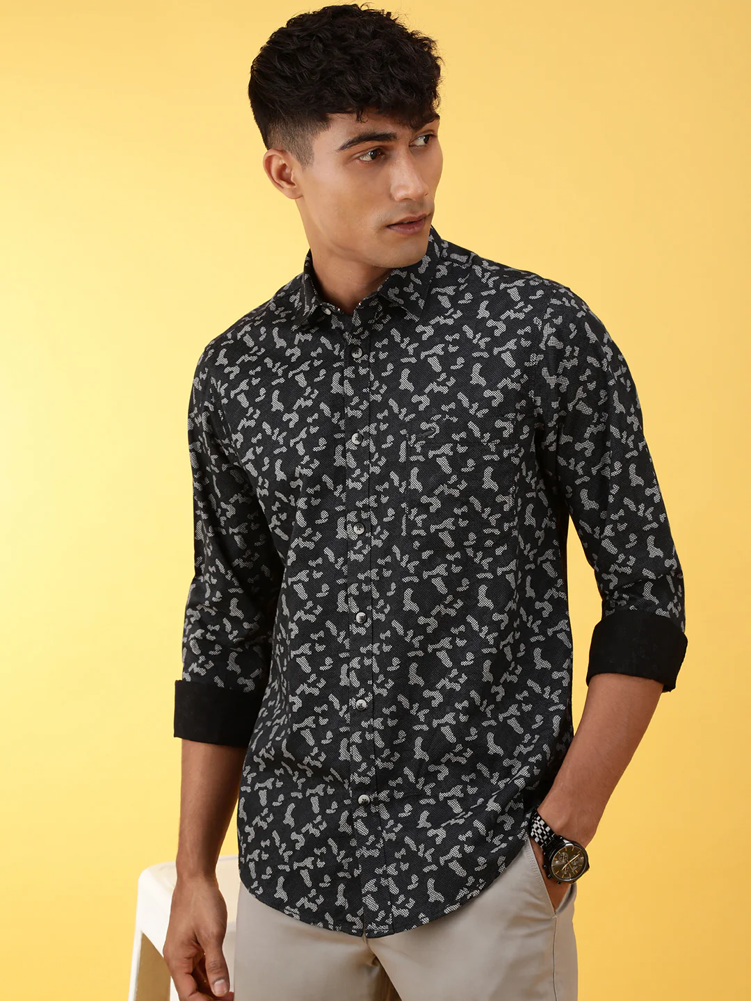 Printed Full Sleeve 100% Cotton Shirt Black