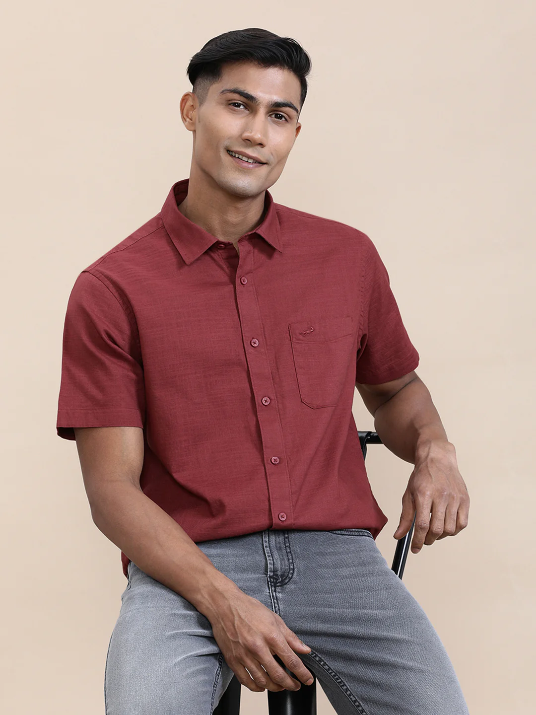 Pure Cotton Textured Half Sleeve Red Shirt