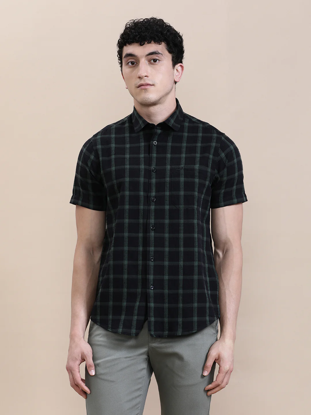 Linen Blend Black Checked Half Sleeve Shirt