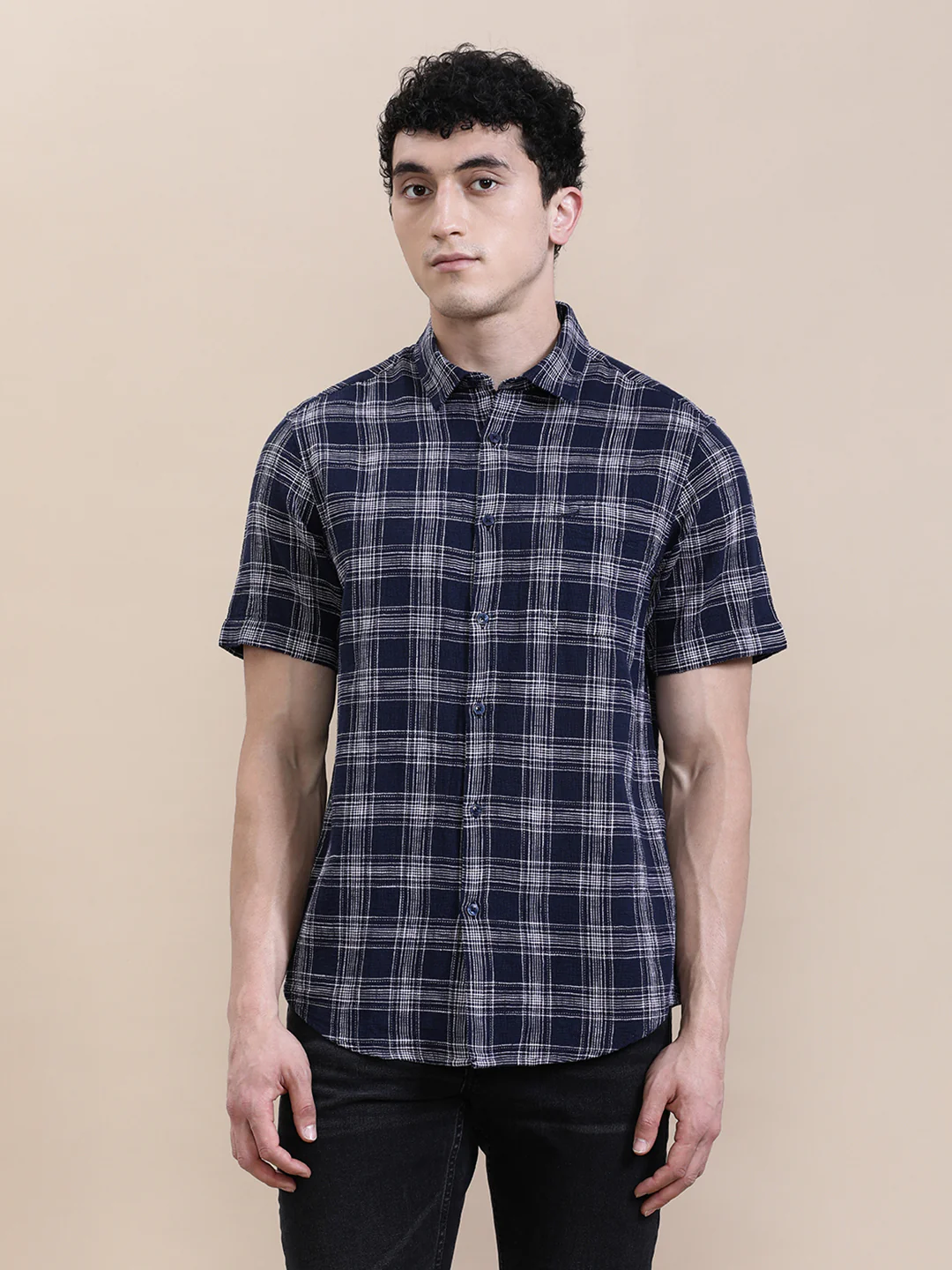 Cotton Textured Checked Half Sleeve Shirt Navy