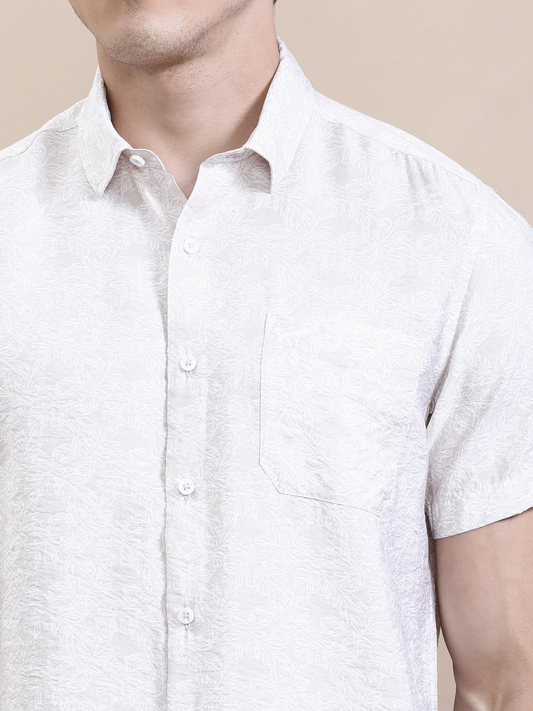 Printed Crinkled Effect Fluid Half Sleeve Shirt Beige