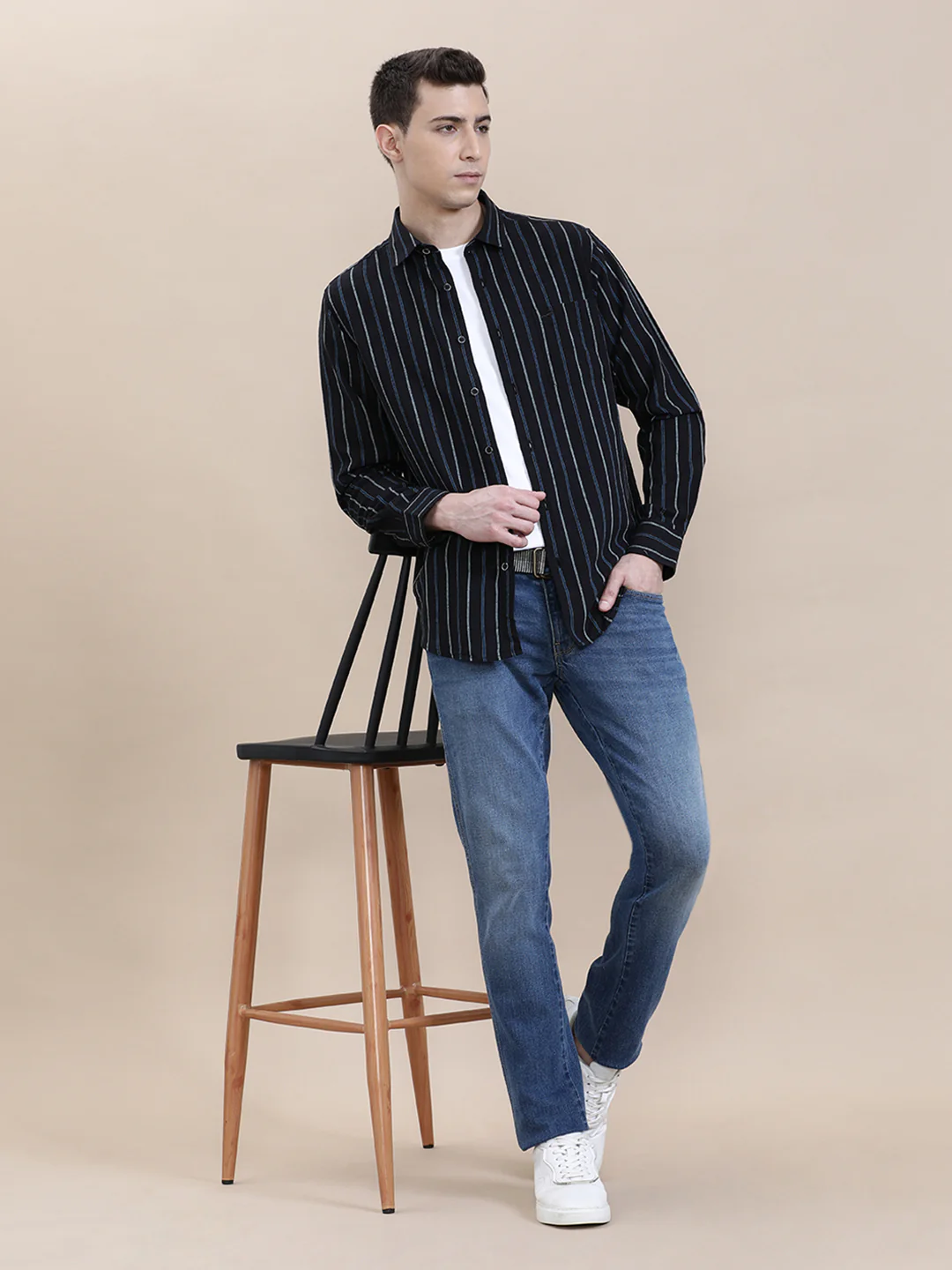 Linen Blend Striped Full Sleeve Shirt Black