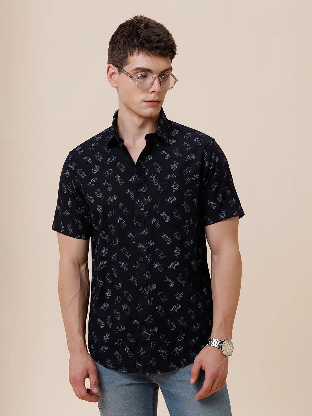 Cotton Linen Textured Printed Navy Shirt