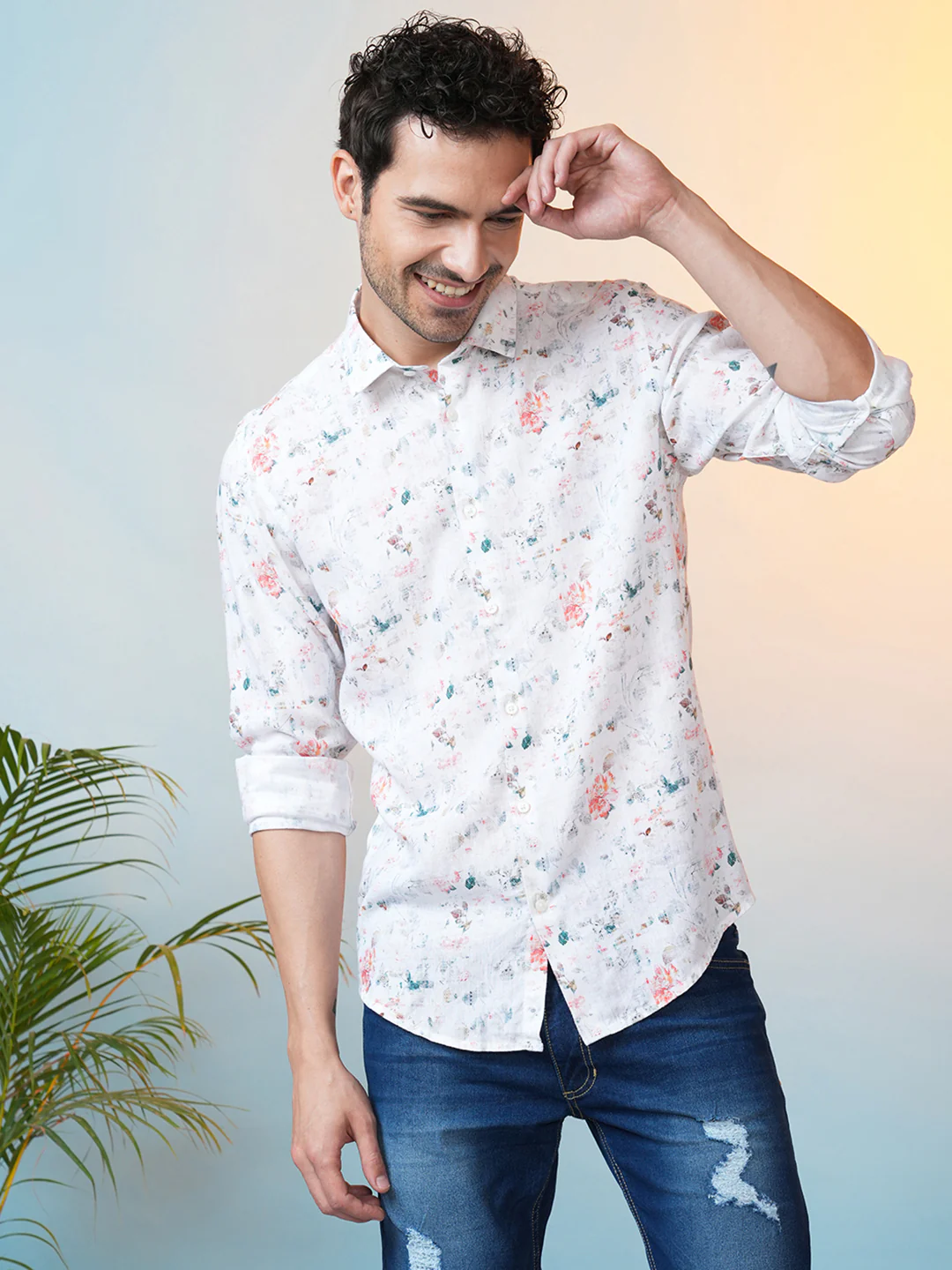 Linen Blend Abstract Floral Print Shirt White