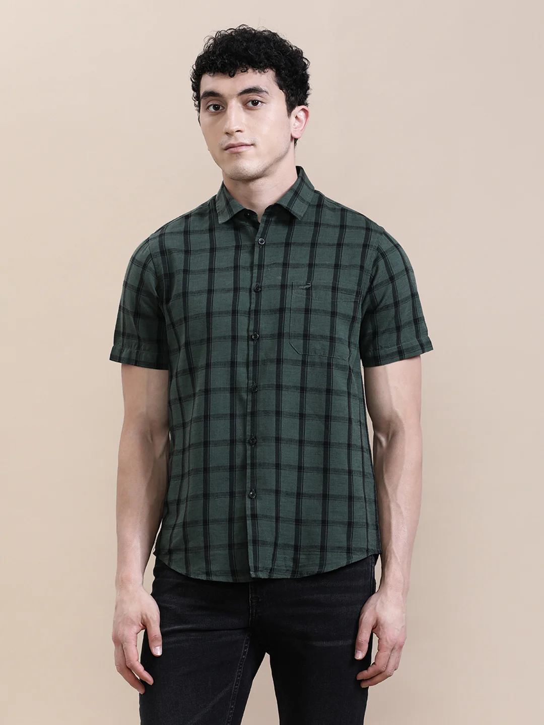 Linen Blend Checked Half Sleeve Shirt