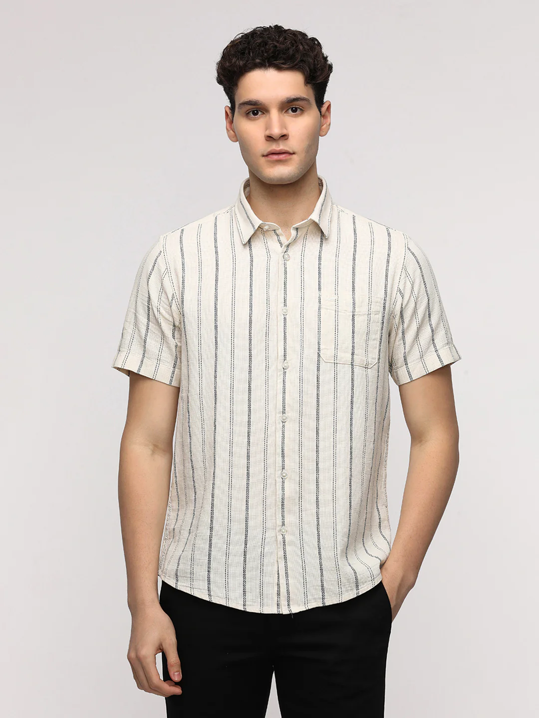 Half Sleeve White And Navy Striped Shirt for Stylish Wear