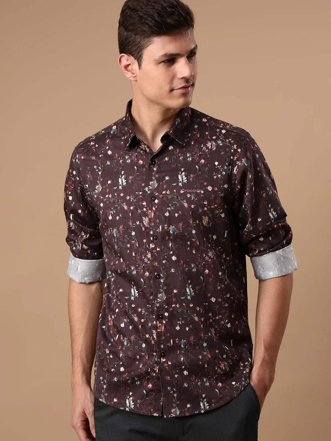 Casual Brown Printed Full Sleeve 100% Cotton Shirt