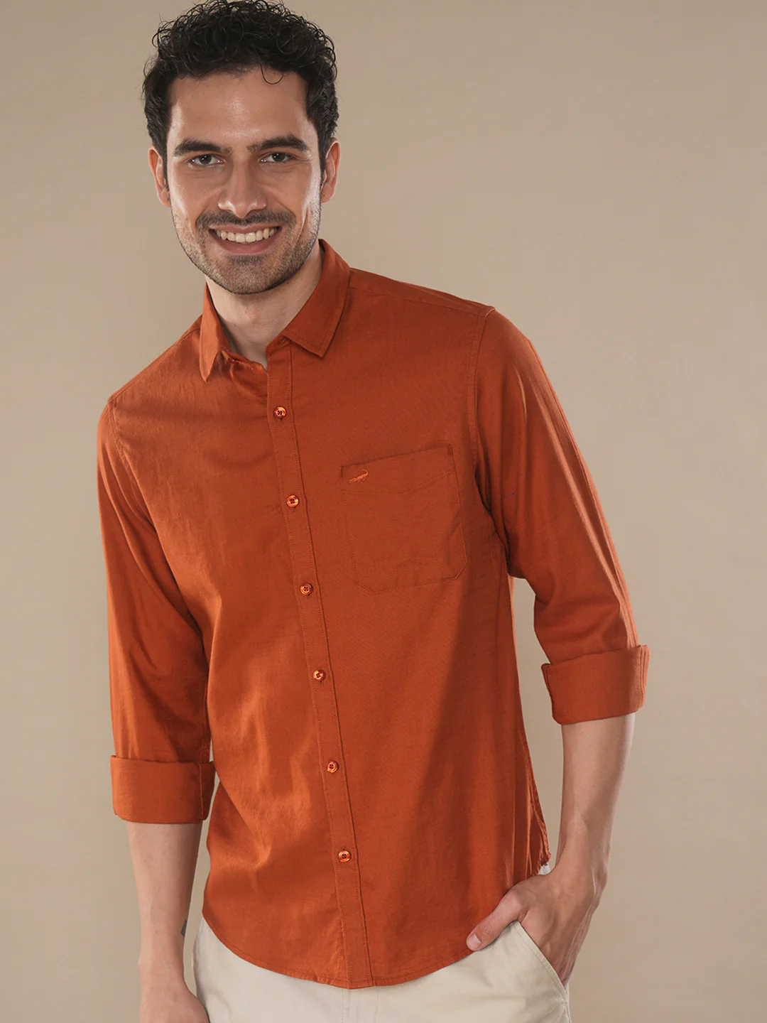 100% Cotton Textured Casual Shirt Burnt Orange