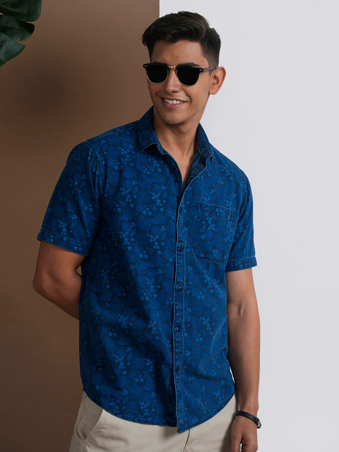 Washed Indigo Botanical Print Shirt