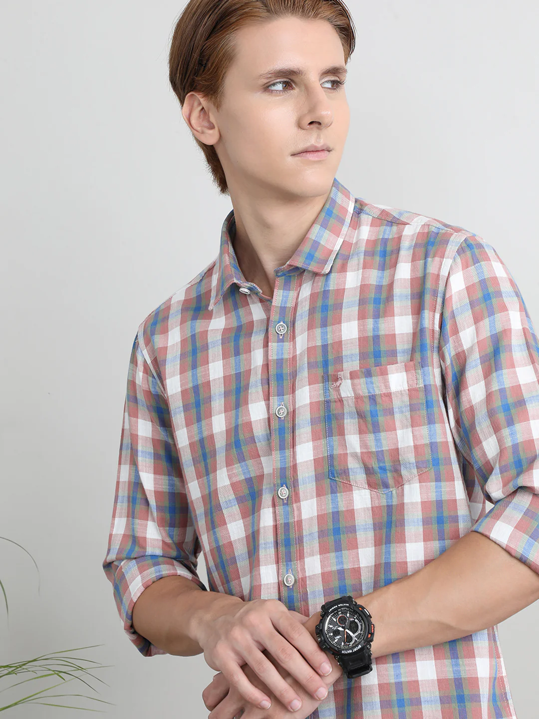 Cotton Textured Check Shirt Dark Peach