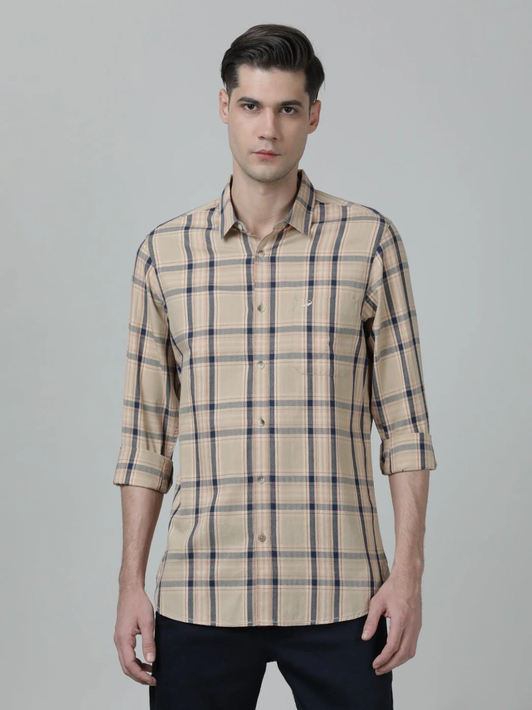 Beige Checked Full Sleeve 100% Cotton Shirt