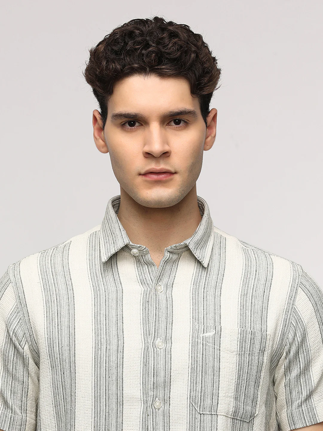 Half Sleeve White And Green Striped Shirt for Trendy Wear