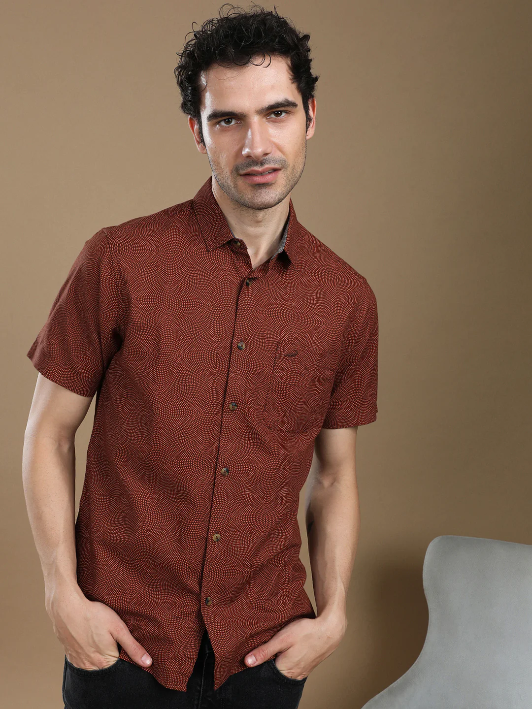 Brown Printed Half Sleeve 100% Cotton Shirt
