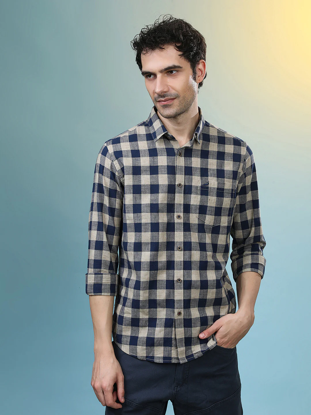 Linen Blend Check Shirt Navy