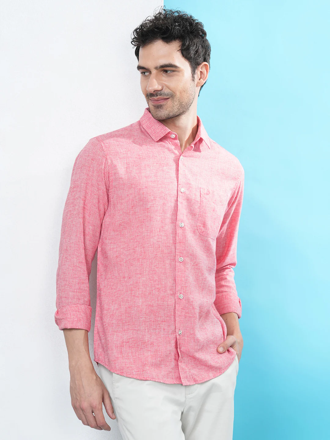 Linen Blend Stripe Shirt Red