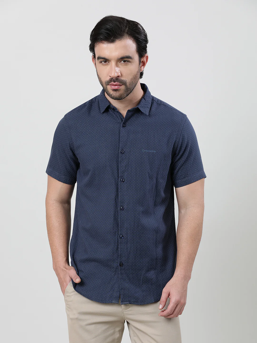 Navy Printed Half Sleeve Casual 100% Cotton Shirt