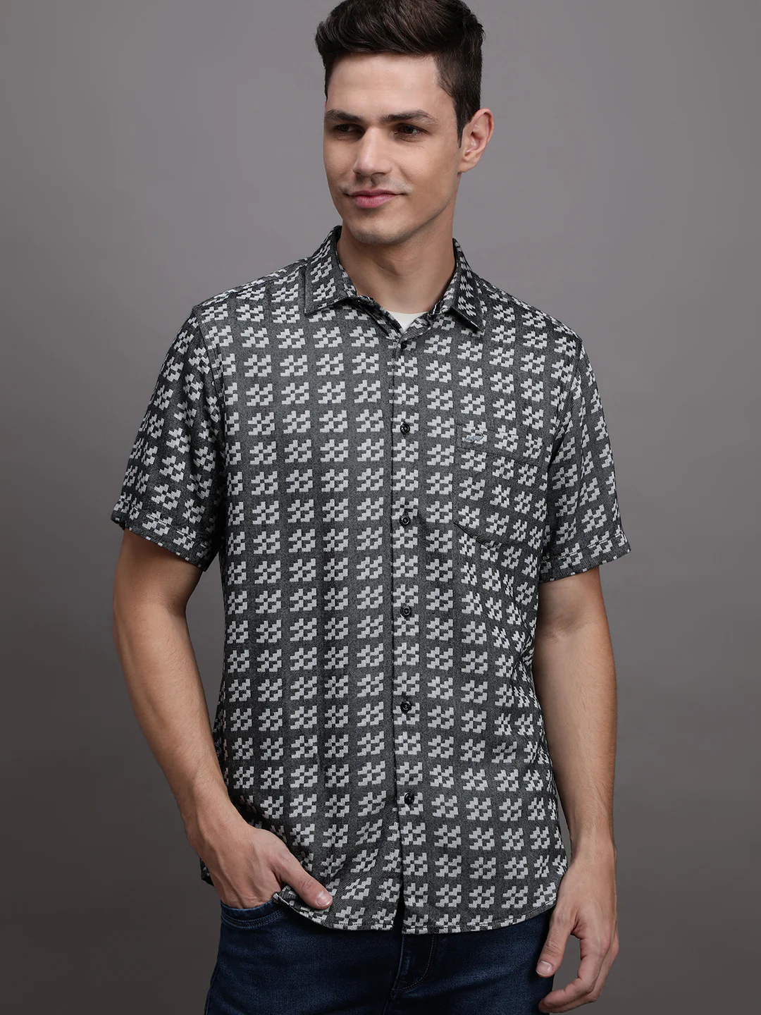 Grey Checked Half Sleeve Shirt