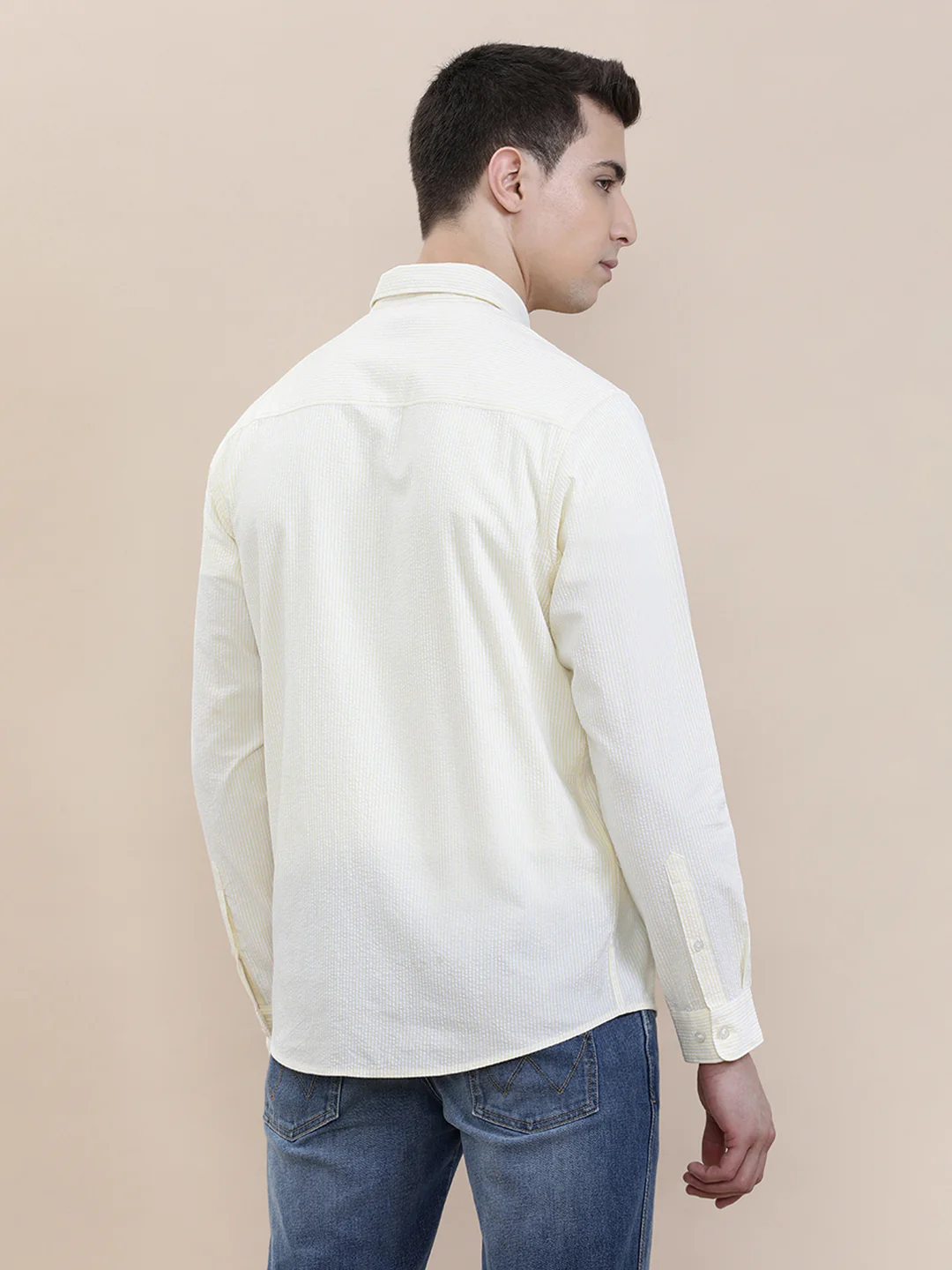 Crinkle Textured Pin Stripe Yellow Shirt