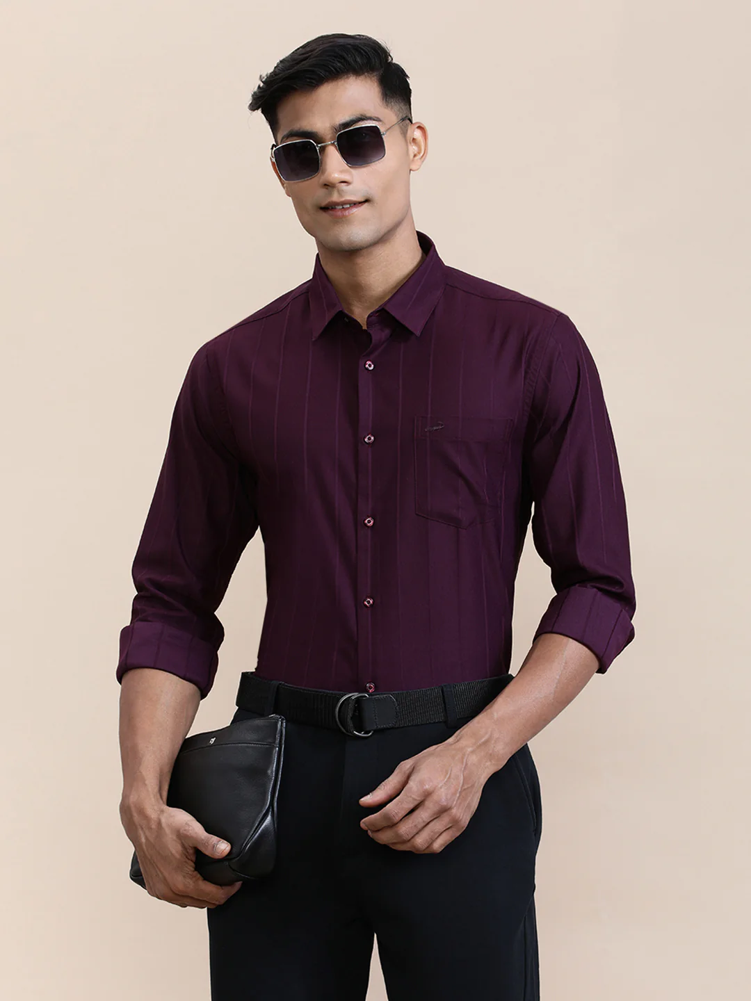 Elegant Self-Stripe Stretch Shirt Red