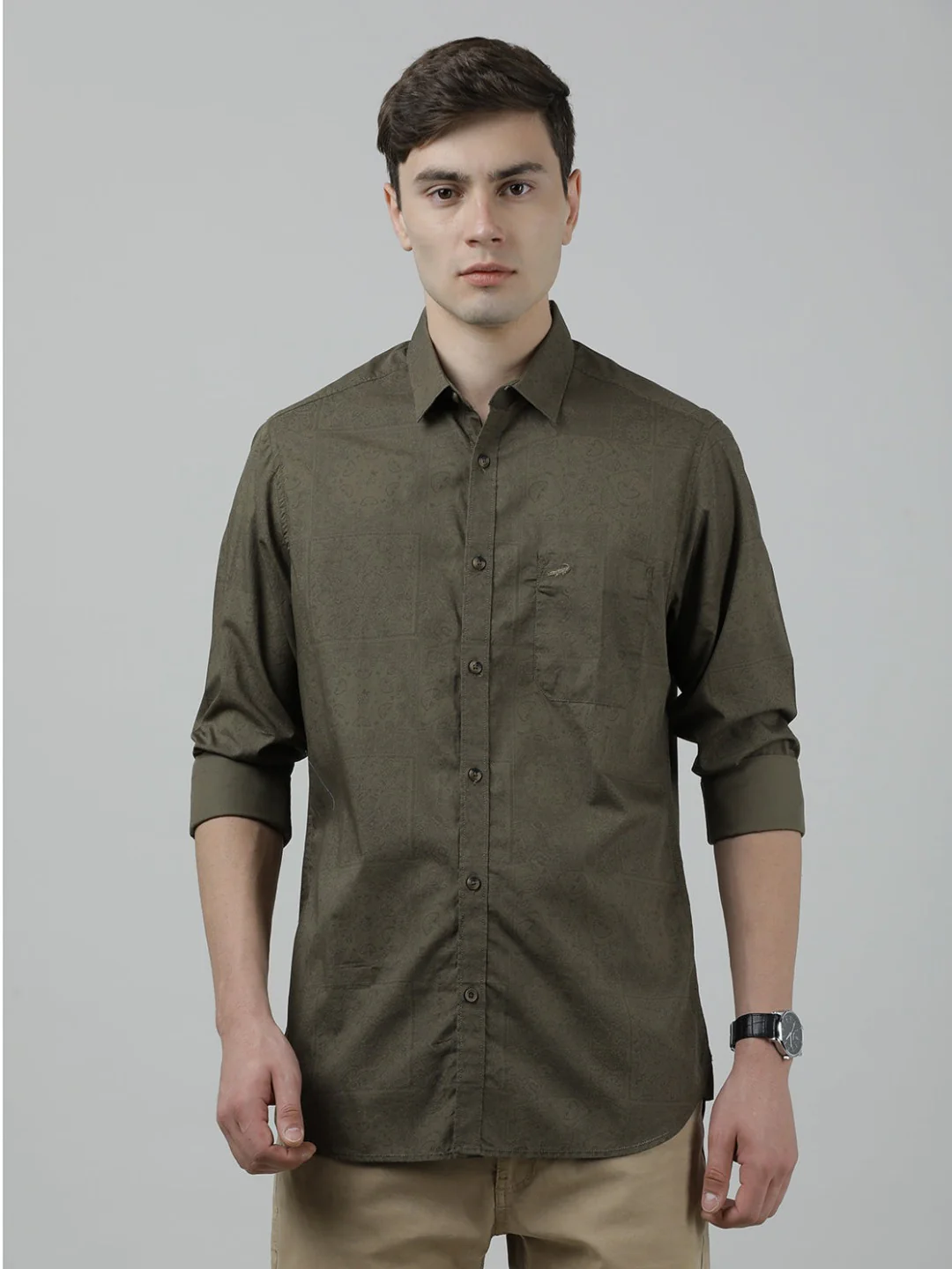 Olive Green Printed Casual Full Sleeve 100% Cotton Shirt