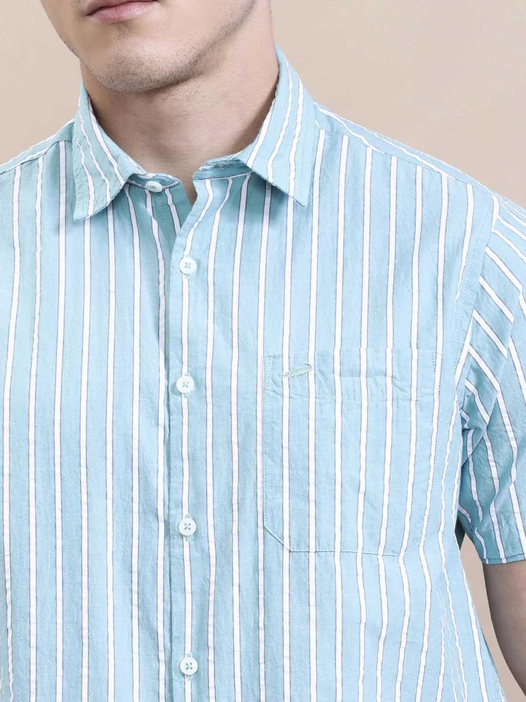 Cotton Seersucker Striped Half Sleeve Shirt Green