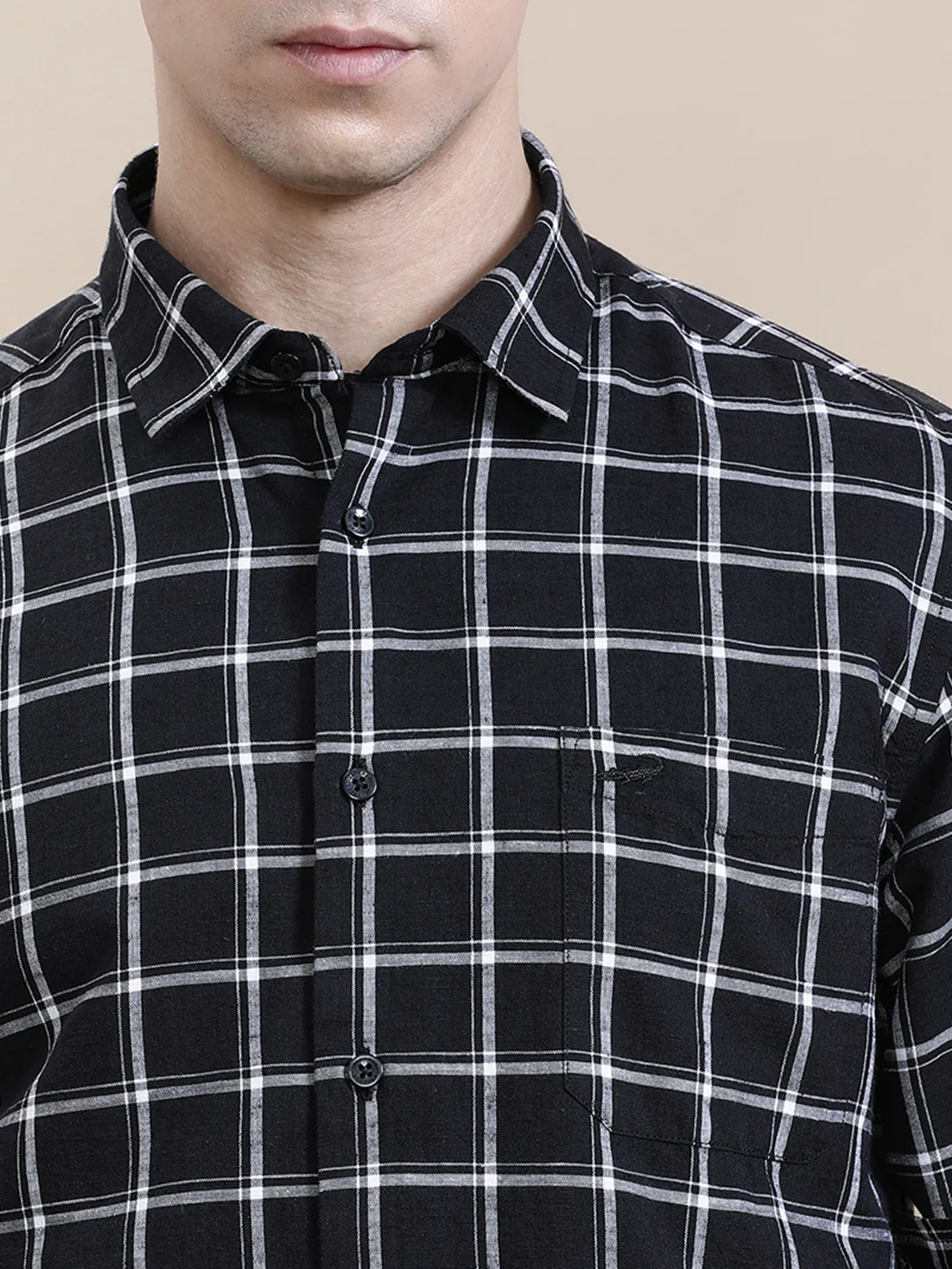Linen Blend Checked Full Sleeve Black Shirt