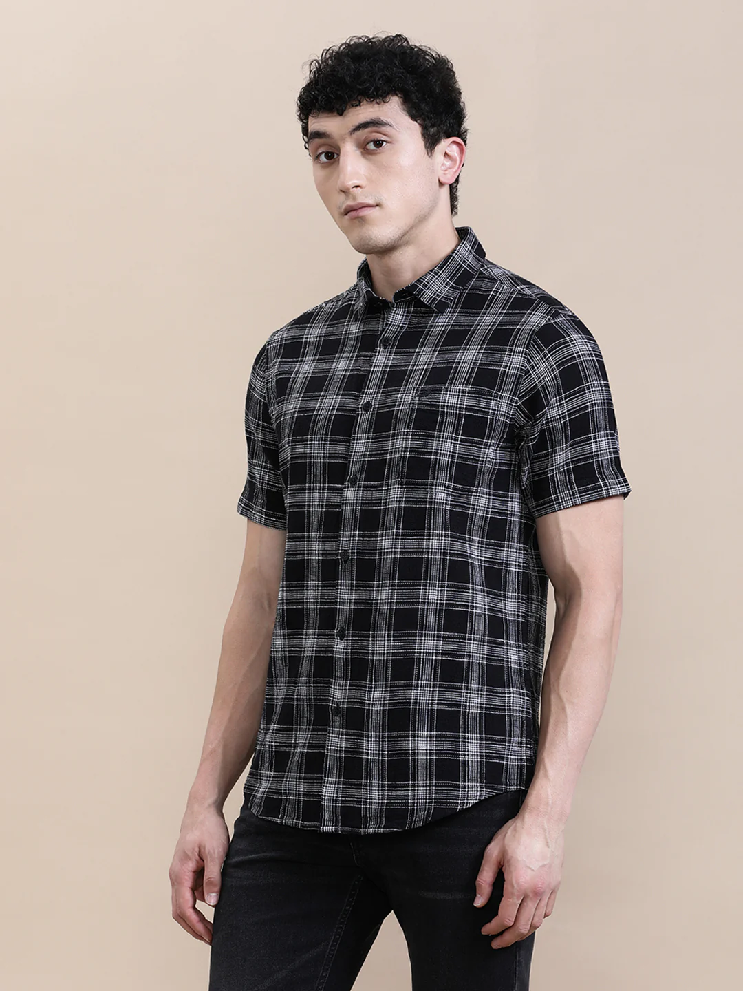 Cotton Textured Checked Half Sleeve Shirt
