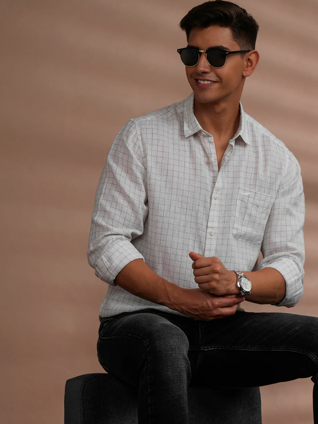 Linen Blend Window Check Shirt White