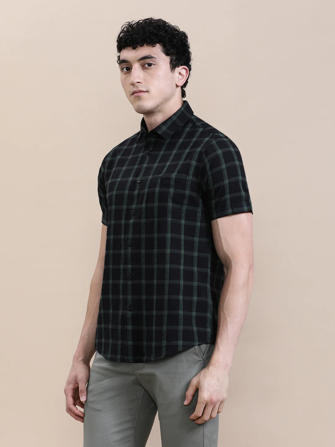 Linen Blend Black Checked Half Sleeve Shirt